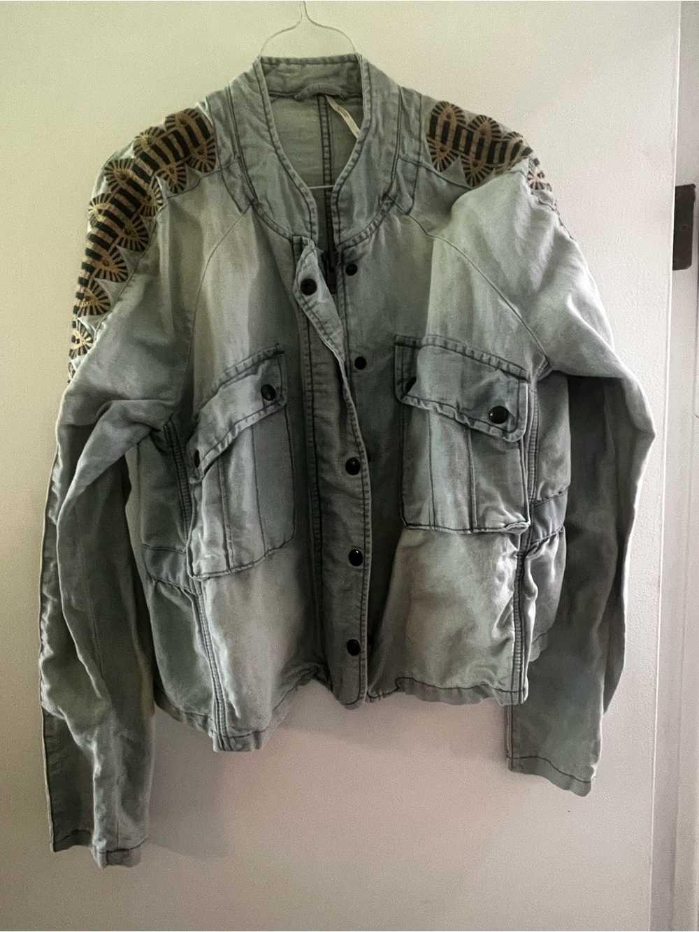 Free People Faded Jean Jacket with Embroidered Shoulder Accents